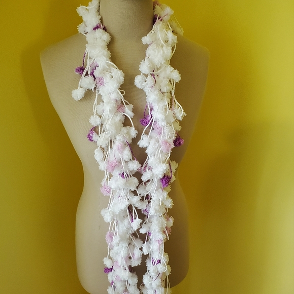 Crocheted White and Purple PomPom Loop Scarf/New - Picture 2 of 4